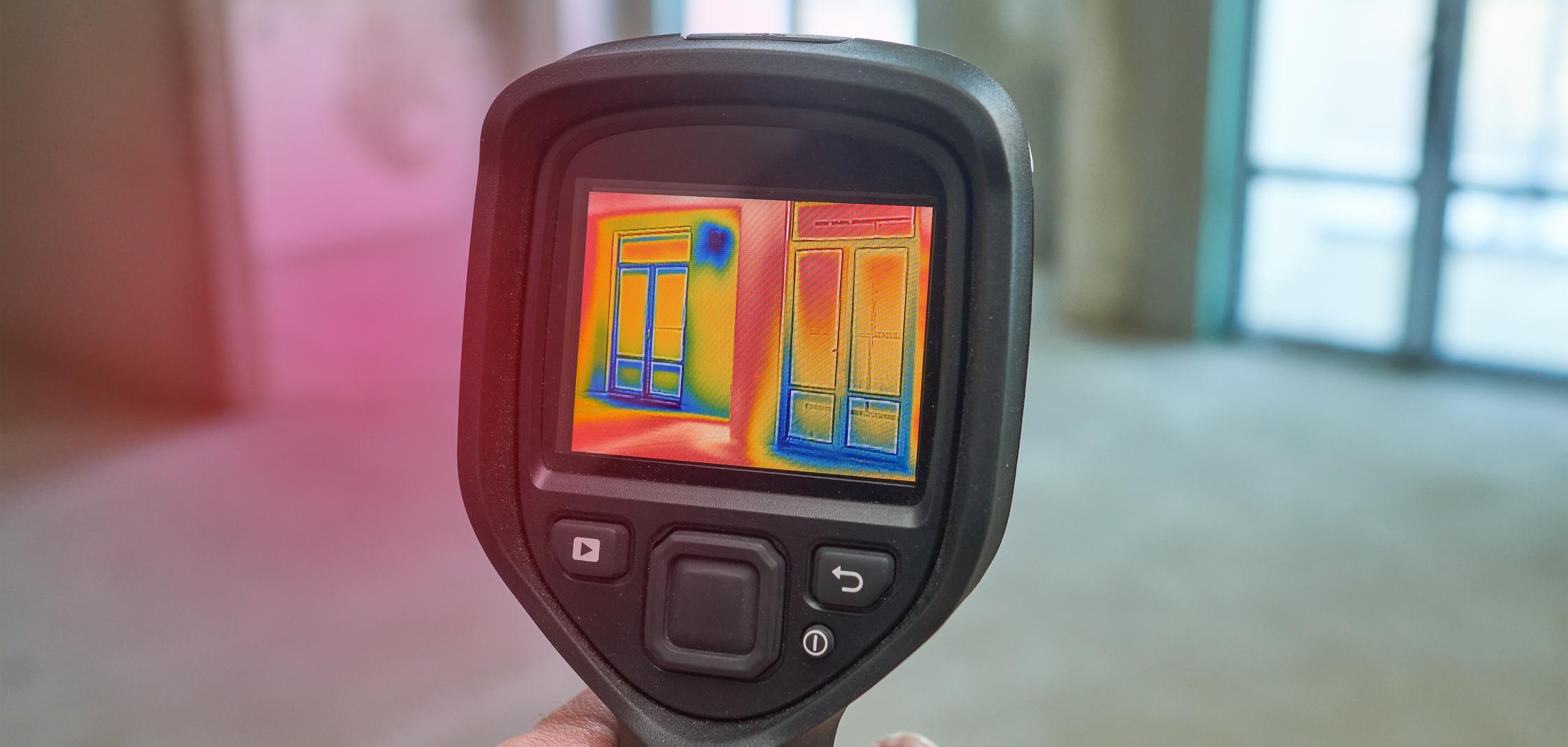 Eine Wärmebildkamera ist auf ein Haus gerichtet und zeigt Wärmeverluste