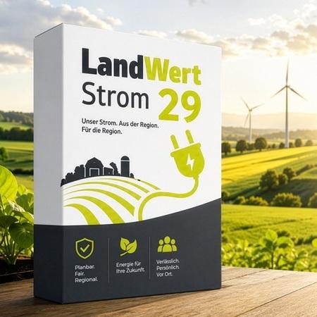 Eine Verpackung mit dem Begriff "LandWert Strom 29" vor einem Feld