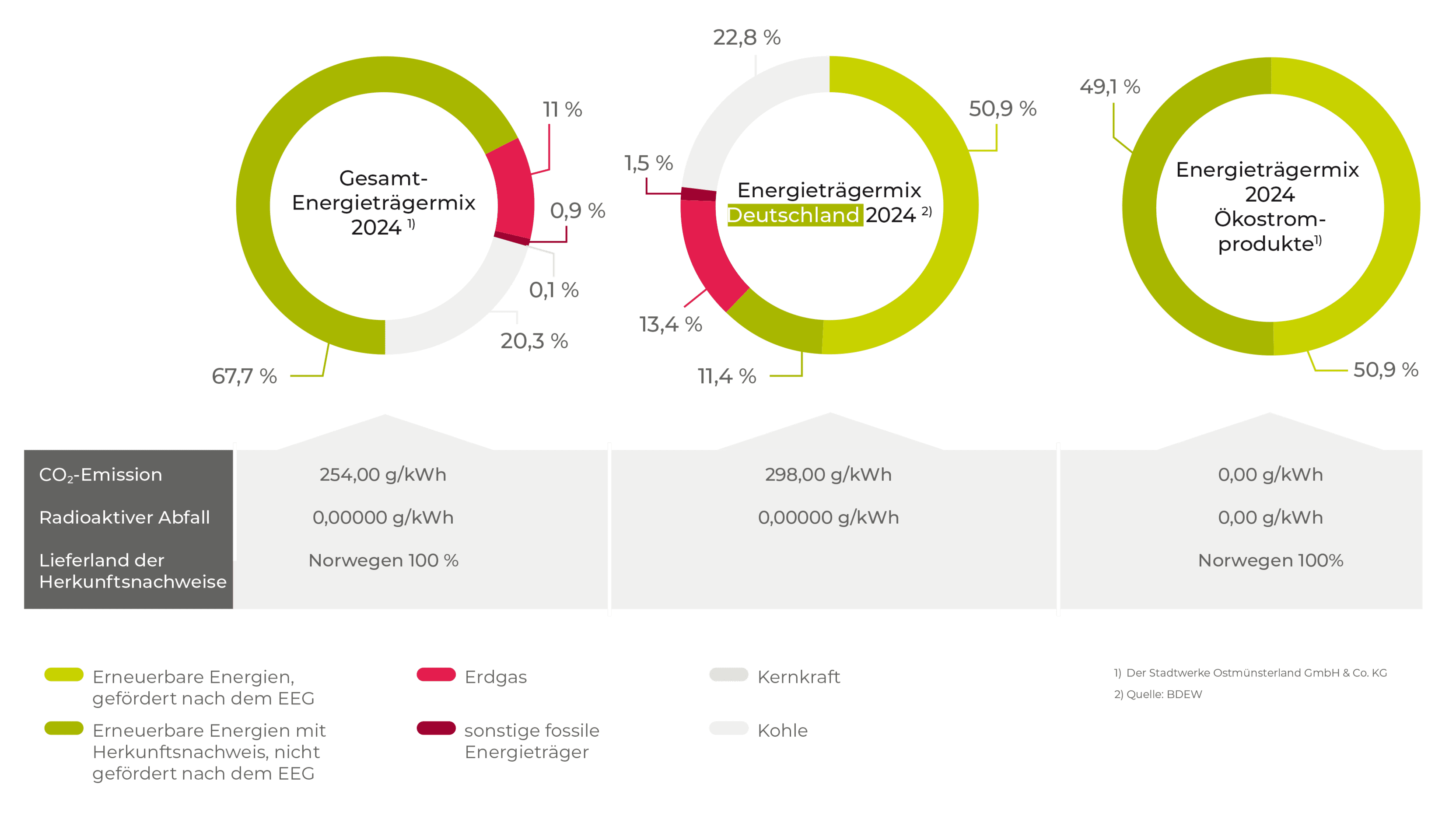 Grafik mit 3 Kreisdiagrammen, wo der Energieträgermix aus 2024 erklärt wird.