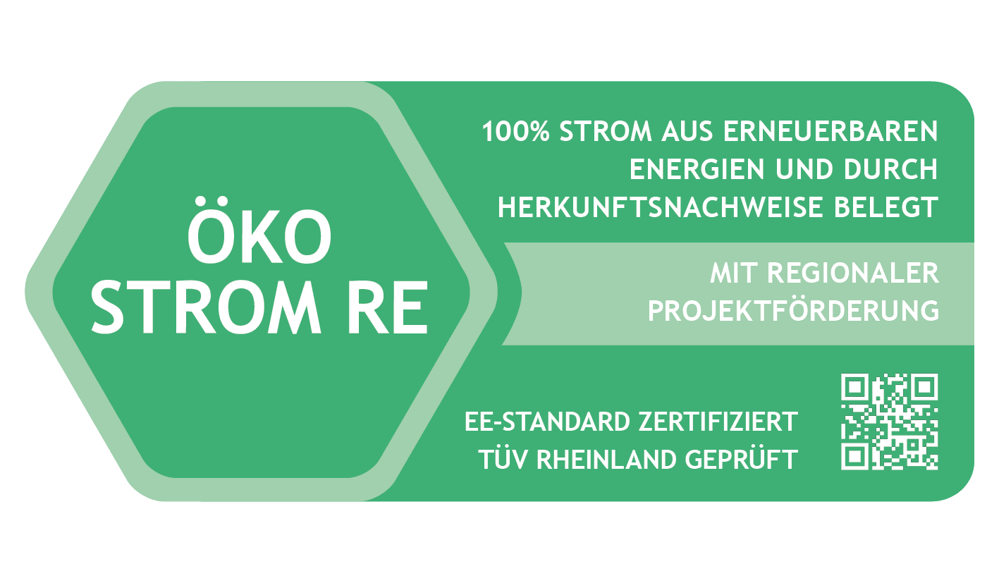 Siegel Ökostrom Regional 100 % Strom aus erneuerbaren Energien und durch Herkunftsnachweise belegt, mit regionaler Projektförderung