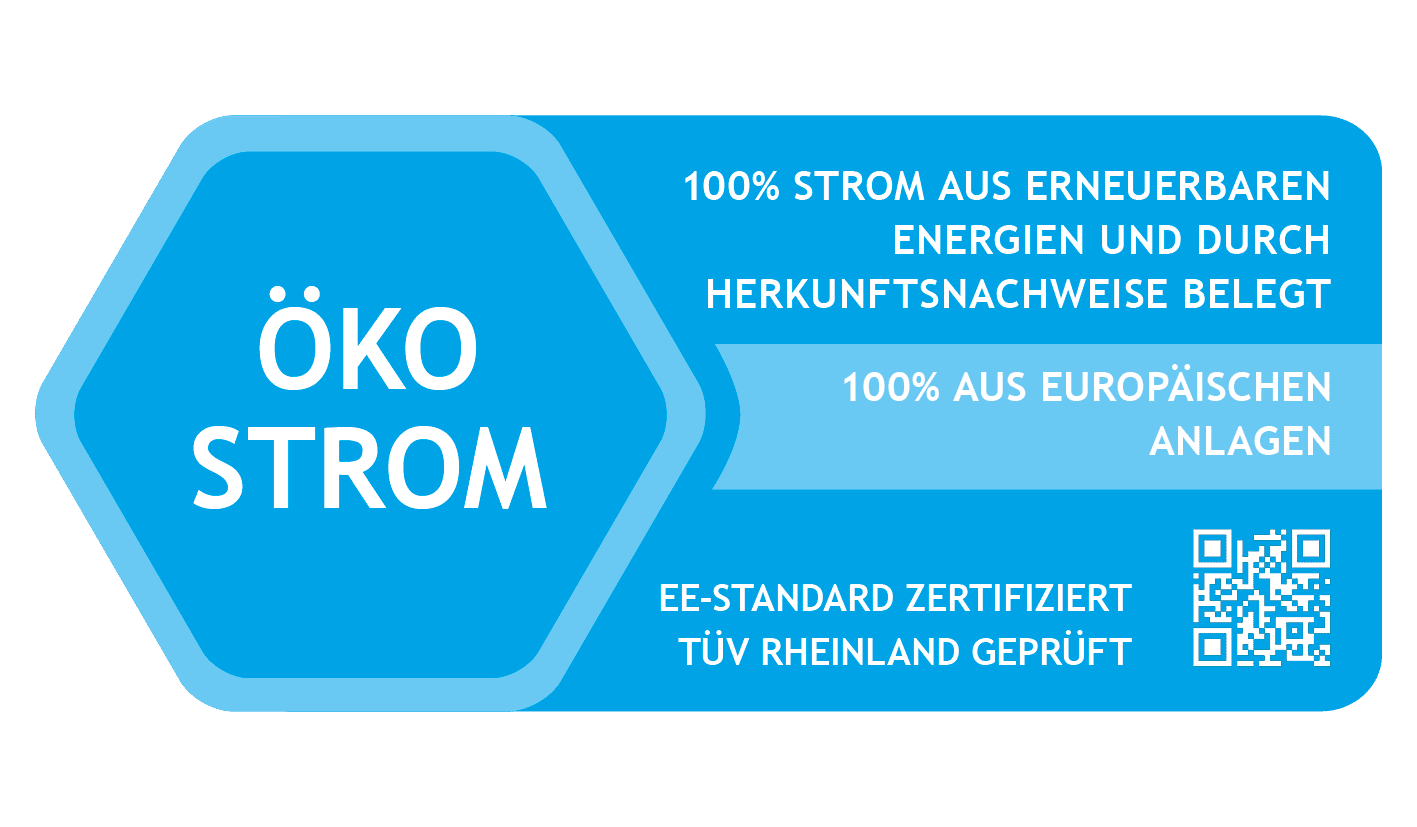 Siegel Ökostrom 100 % Strom aus erneuerbaren Energien und durch Herkunftsnachweise belegt